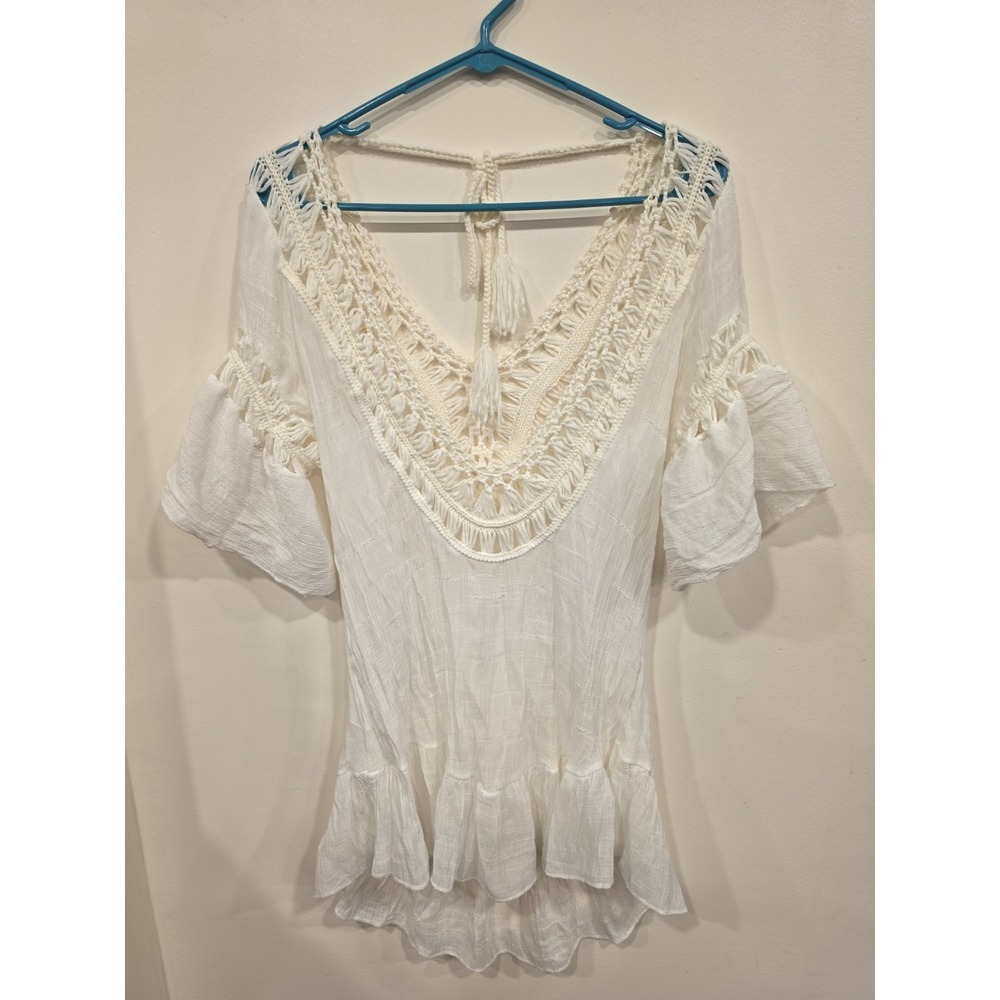 Boho White Crochet Lace Peasant Tunic Top Women's Off Shoulder Festival One Size
